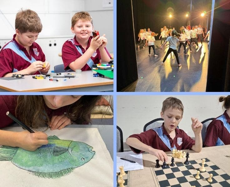 Students playing lego, students dancing, student drawing, student playing chess